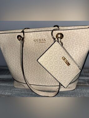 Guess Cream Monogram Tote with Gold Hardware